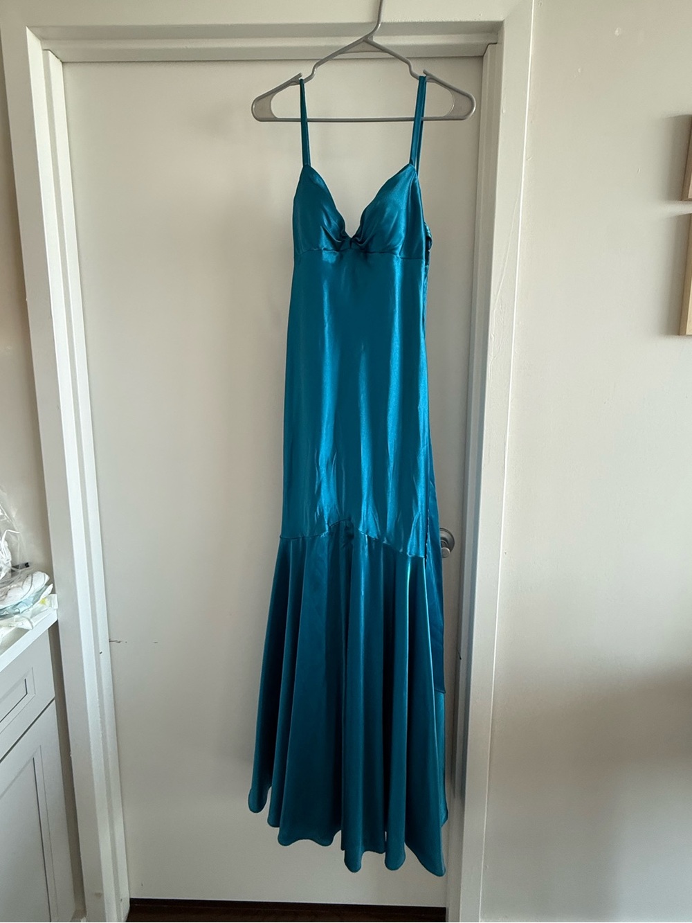 Camille La Vie Teal Satin Slip Maxi Dress with Spaghetti Straps